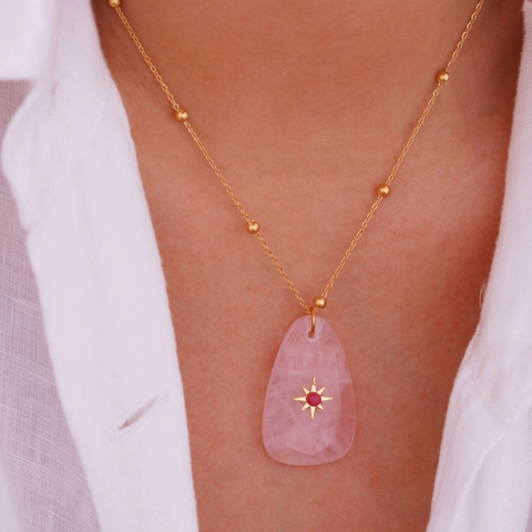 14K Gold Plated Stainless Steel Natural Stone Necklace With Starburst Sun Pendant Amazonite Rose Quartz Shell Jewelry