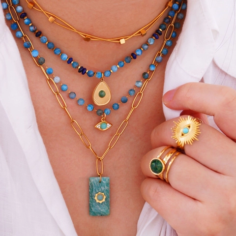 Bohemian Stainless Steel 14K Gold Plated Layering Necklace Women Amazonite Natural Stone Evil Eye Pendant Jewelry