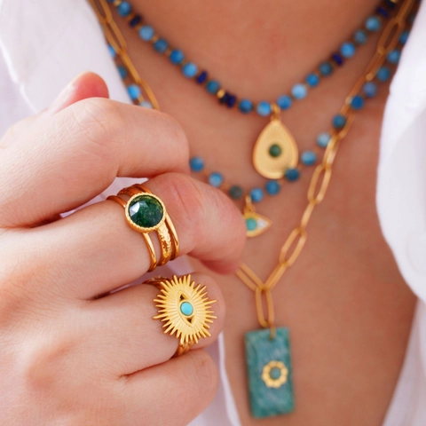 Bohemian Stainless Steel 14K Gold Plated Layering Necklace Women Amazonite Natural Stone Evil Eye Pendant Jewelry