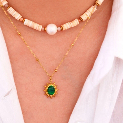 Bohemian Edelstahl Malachit Anhänger Halskette Damen Vergoldet Kunstperle Choker Mehrlagige Kreis Halskette Schmuck Geschenk