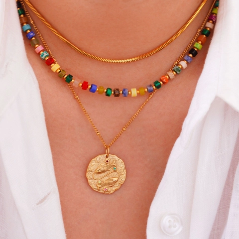 Collier Pendentif Pièce Ronde Martelée 12 Constellation Du Zodiaque Pour Femmes Acier Inoxydable Plaque Or Strass Bijoux