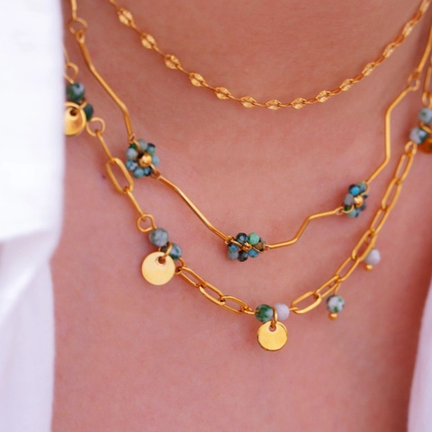 Stainless Steel African Turquoise Layered Necklace For Women Gold Plated Natural Stone Flower Pendant Fashion Jewelry