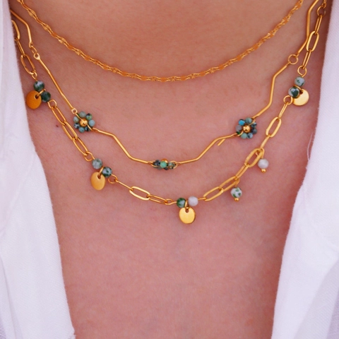 Stainless Steel African Turquoise Layered Necklace For Women Gold Plated Natural Stone Flower Pendant Fashion Jewelry