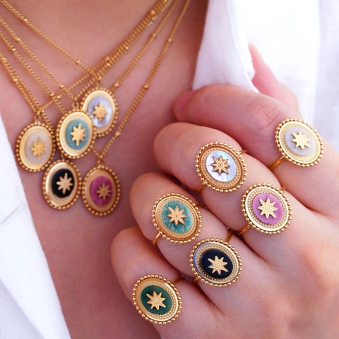 French Vintage Bohemian Natural Stone Oval Starburst Pendant Necklace Gold Plated Titanium Steel Eight Pointed Star Adjustable Open Ring For Women Jewelry Set