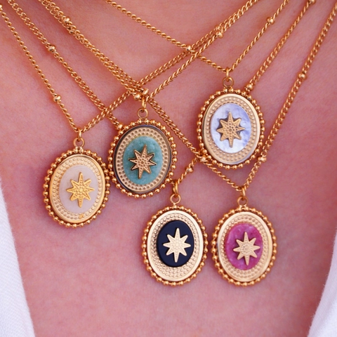 French Vintage Bohemian Natural Stone Oval Starburst Pendant Necklace Gold Plated Titanium Steel Eight Pointed Star Adjustable Open Ring For Women Jewelry Set