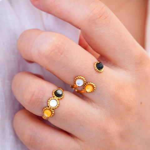 Women Retro Stainless Steel Open Ring 14K Gold Plated Inlaid Black White Yellow Shell Geometric Adjustable Finger Ring Jewelry