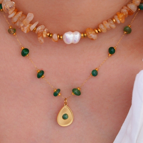 Vintage Edelstahl Naturstein Halskette Für Damen 14K Vergoldet Afrikanische Jade Künstliche Perle Anhänger Schmuck