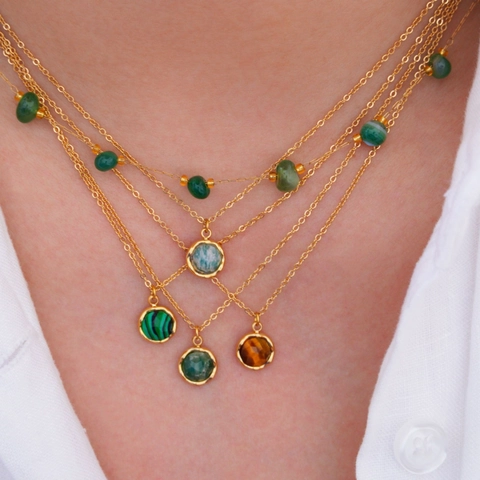 Collier Pendentif Pierre Naturelle Ronde Vintage Acier Inoxydable Plaqué Or 14K Malachite Coquille Perle Bijoux Pour Femmes