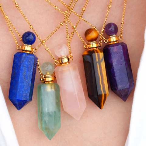 Natural Stone Crystal Hexagonal Column Perfume Bottle Pendant Necklace Refillable Essential Oil Diffuser Jewelry For Women