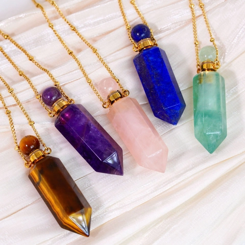 Natural Stone Crystal Hexagonal Column Perfume Bottle Pendant Necklace Refillable Essential Oil Diffuser Jewelry For Women