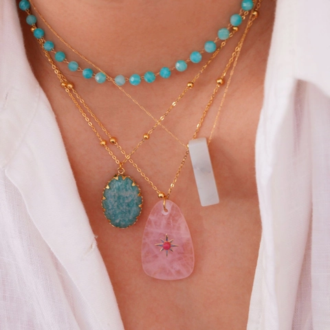 Collier Pendentif en Pierre Naturelle en Acier Inoxydable Plaqué Or 14K pour Femme Bijoux Géométriques Amazonite Quartz Rose