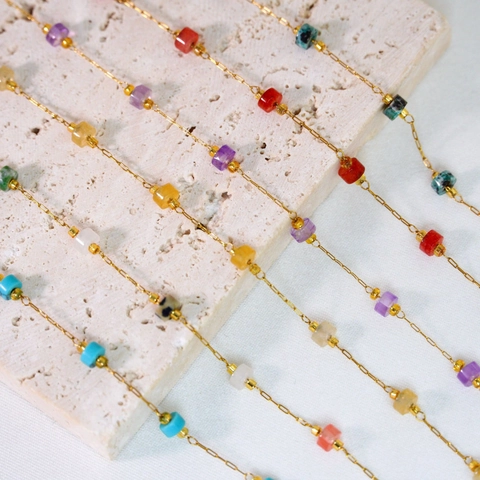 Stainless Steel Natural Stone Square Bead Necklace Bracelet Vacuum Plated Gold Chain For Women Bohemian Jewelry Gift