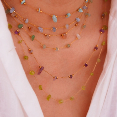 Boho Stainless Steel Gold Plated Necklace For Women Handmade Colorful Natural Stone Chip Bead Irregular Jewelry Gift