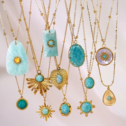 Bohemian Stainless Steel 14K Gold Plated Amazonite Pendant Necklace For Women Vintage Natural Stone Star Sun Pattern Jewelry