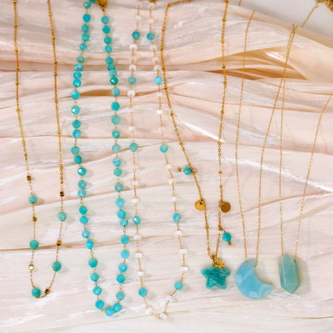Bohemian Stainless Steel 14K Gold Plated Amazonite Pendant Necklace For Women Vintage Natural Stone Star Sun Pattern Jewelry