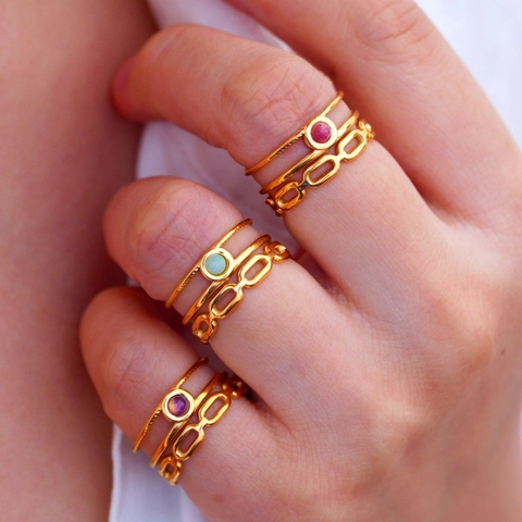 14K Gold Plated Stainless Steel Layered Open Ring For Women Multi Color Natural Stone Inlaid Chain Link Minimalist Jewelry