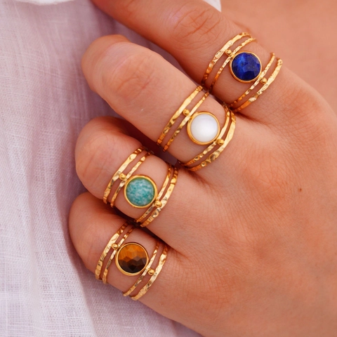 Vintage Hammered Stainless Steel Adjustable Open Ring For Women Men Round Natural Stone Inlaid 14K Gold Plated Jewelry