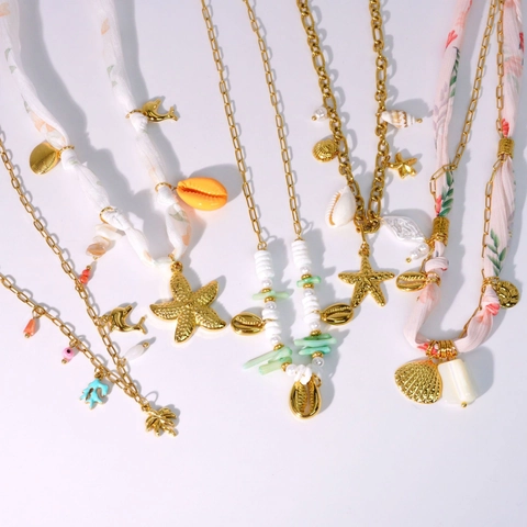 Collier Pendentif en Acier Inoxydable Océan Coquillage Étoile de Mer Ruban de Satin Floral Bijoux de Plage Vacances pour Femme