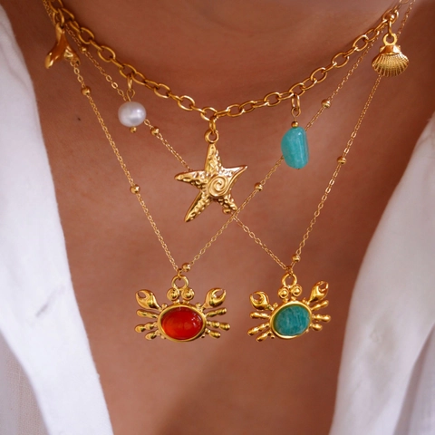 Stainless Steel Marine Life Necklace Earrings Gold Crab Starfish Whale Tail Natural Stone Artificial Pearl Beach Jewelry For Women
