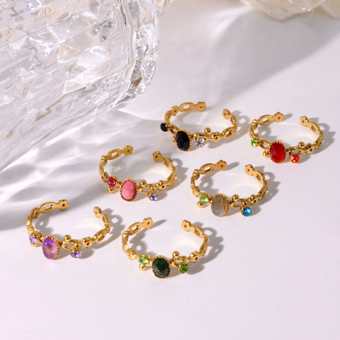 Vintage Stainless Steel Open Ring For Women Gold Plated Natural Stone Oval Agate Zirconia Adjustable Luxury Jewelry Gift