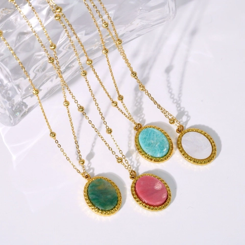 Vintage Stainless Steel Gold Plated Natural Stone Oval Pendant Necklace French Style Retro Elegant Jewelry For Women