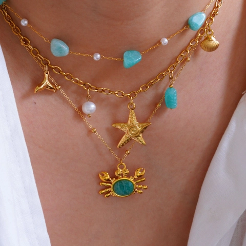 Stainless Steel Marine Life Necklace Earrings Gold Crab Starfish Whale Tail Natural Stone Artificial Pearl Beach Jewelry For Women