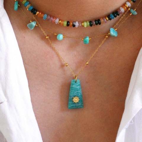 Vintage Edelstahl Naturstein Trapez Anhänger Halskette Für Damen Gold Sonnenstern Charme Boho Schmuck Geschenk