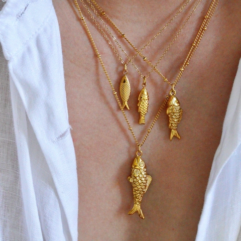 Collar con Colgante de Pez de Acero Inoxidable de Moda Chapado en Oro de 14K Esmalte Koi Espina de Pez Estilo Océano Joyería para Mujer