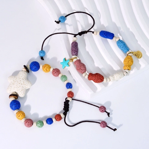 Bracciale Bohémien in Pietra Lavica Multicolore con Stelle e Pesci per Donna Cordino Intrecciato Regolabile Ciondolo Conchiglia Acciaio Inossidabile Gioielli