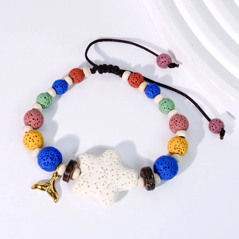 Bracciale Bohémien in Pietra Lavica Multicolore con Stelle e Pesci per Donna Cordino Intrecciato Regolabile Ciondolo Conchiglia Acciaio Inossidabile Gioielli