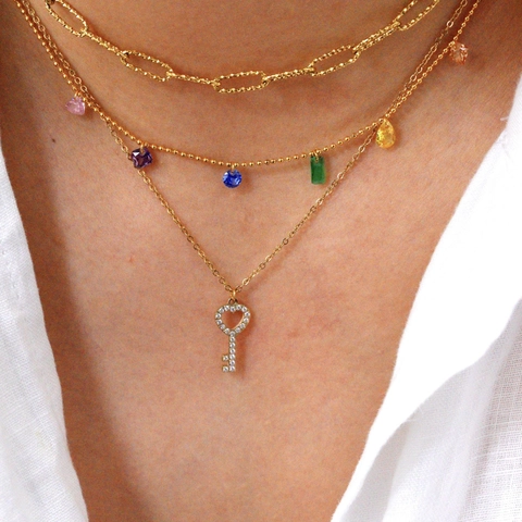 Luxus Vergoldet Edelstahl Halskette Für Damen Farbige Zirkonia Herz Schlüssel Anhänger Büroklammerkette Modeschmuck Geschenk