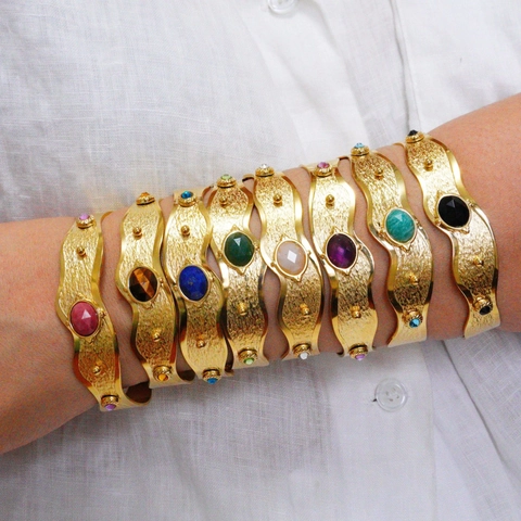 Bracelet Jonc Ouvert Ondulé en Acier Inoxydable Vintage Français Incrusté de Pierre Naturelle Or 18K Bijoux Bohème