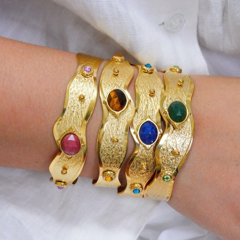 Bracelet Jonc Ouvert Ondulé en Acier Inoxydable Vintage Français Incrusté de Pierre Naturelle Or 18K Bijoux Bohème
