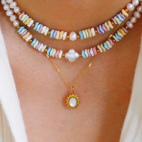 Conjunto de Collar Pulsera Anillo de Acero Inoxidable 304 Bohemio Joyas de Perlas Naturales y Conchas para Mujer Oro