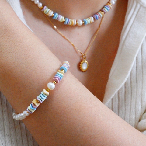 Conjunto de Collar Pulsera Anillo de Acero Inoxidable 304 Bohemio Joyas de Perlas Naturales y Conchas para Mujer Oro