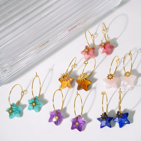 Boucles d'Oreilles Créoles Pendentif Étoile en Pierre Naturelle Avec Tige en Acier Inoxydable Plaqué Or Femme