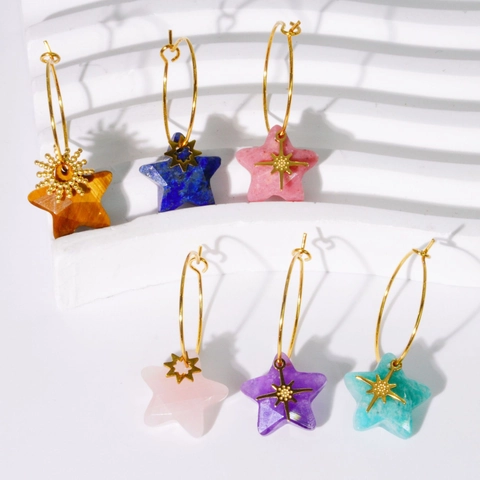 Boucles d'Oreilles Créoles Pendentif Étoile en Pierre Naturelle Avec Tige en Acier Inoxydable Plaqué Or Femme