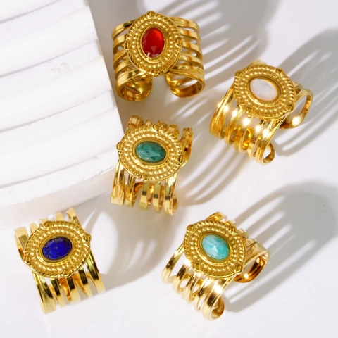 Vintage Gold Plated Stainless Steel Open Ring Women Bohemian Oval Natural Stone Shell Layered Hollow Adjustable Jewelry