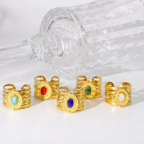 Vintage Gold Plated Stainless Steel Open Ring Women Bohemian Oval Natural Stone Shell Layered Hollow Adjustable Jewelry