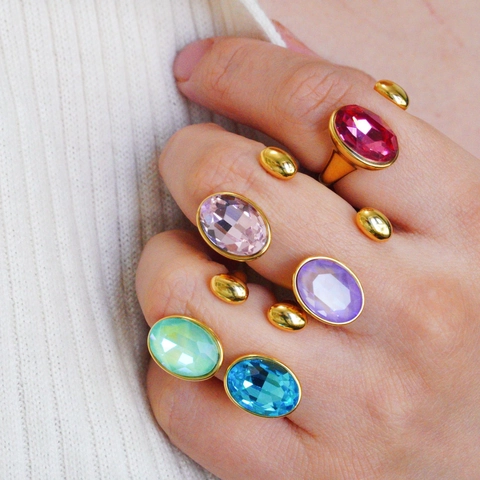 Bague Ouverte en Cristal Ovale en Acier Titane Plaqué Or Bijoux de Pierres Précieuses Colorées Ajustables pour Femmes Fête