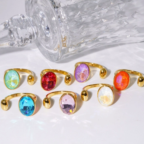 Bague Ouverte en Cristal Ovale en Acier Titane Plaqué Or Bijoux de Pierres Précieuses Colorées Ajustables pour Femmes Fête