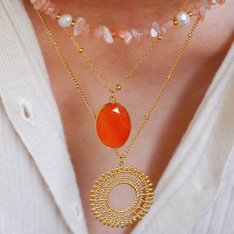 304 Stainless Steel Natural Stone Artificial Pearl Necklace Set For Women French Vintage Gold Plated Gemstone Pendant Neck饰 Jewelry