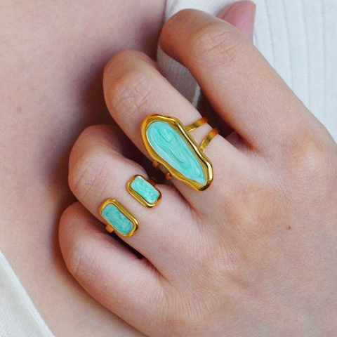 Franse Retro Roestvrij Stalen Onregelmatige Ring Voor Vrouwen Verguld Munt Groen Emaille Geometrisch Verstelbare Open Ring
