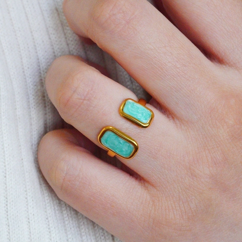 Franse Retro Roestvrij Stalen Onregelmatige Ring Voor Vrouwen Verguld Munt Groen Emaille Geometrisch Verstelbare Open Ring