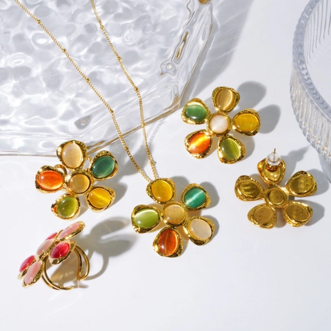 Retro Bloem 304 Roestvrij Staal Natuursteen Ketting Oorbel Ring Sieraden Gehamerd Premium Gevoel Accessoires Voor Vrouwen