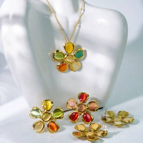 Retro Bloem 304 Roestvrij Staal Natuursteen Ketting Oorbel Ring Sieraden Gehamerd Premium Gevoel Accessoires Voor Vrouwen