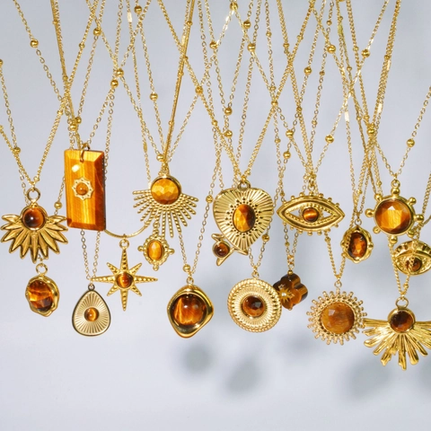 Collier Pendentif Œil de Tigre en Acier Inoxydable 304 Vintage Plaqué Or Bohème Géométrique Soleil Œil Maléfique Bijoux Cadeau Femme