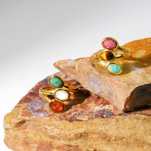 Vintage Stainless Steel Triple Natural Stone Open Ring For Women Luxury Gold Plated Oval Agate Tiger Eye Adjustable Ring Jewelry