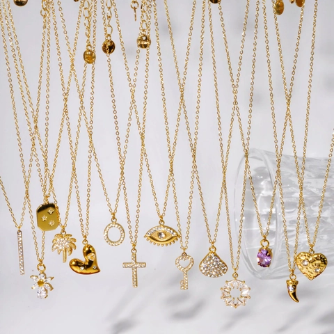 Edelstahl Gold Plattiert Zirkonia Anhänger Halskette Für Damen Kreuz Herz Böser Blick Palme Blume Stern Verstellbarer Schmuck