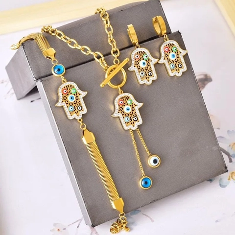 Vintage Stainless Steel Hamsa Hand Evil Eye Necklace Bracelet And Earrings Multicolor Zirconia Gold Plated OT Toggle Jewelry